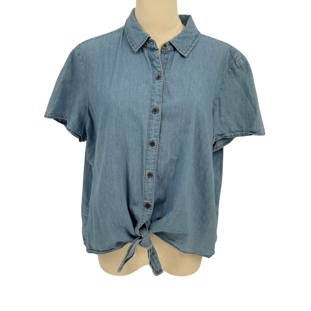 Aeropostale Denim Shirt Blue Tie Front Short Sleeve 100% Cotton XL